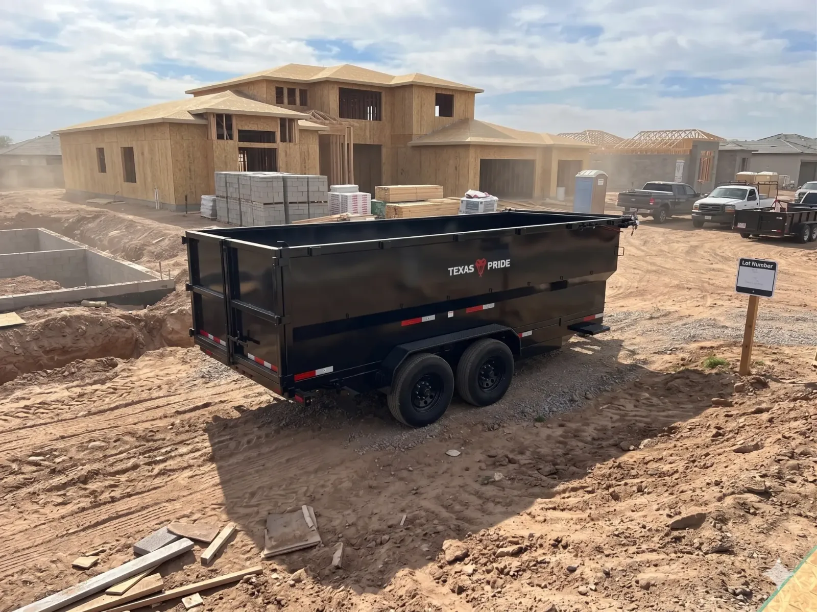 Texas Pride 16ft dump trailer rental from Rent A Loader at a new home site